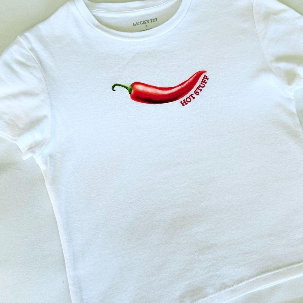 Lucky 777 White Hot Stuff Chili Pepper Embroidered Baby Tee S